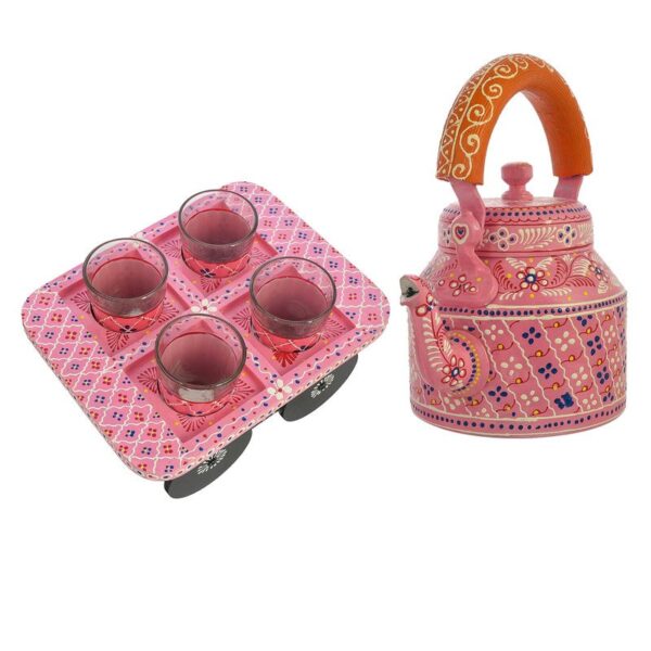HandPainted Alluminium Pink Tea Kettle with Four Glasses and Wooden Tray For Home Décor , Tea Party , Serving