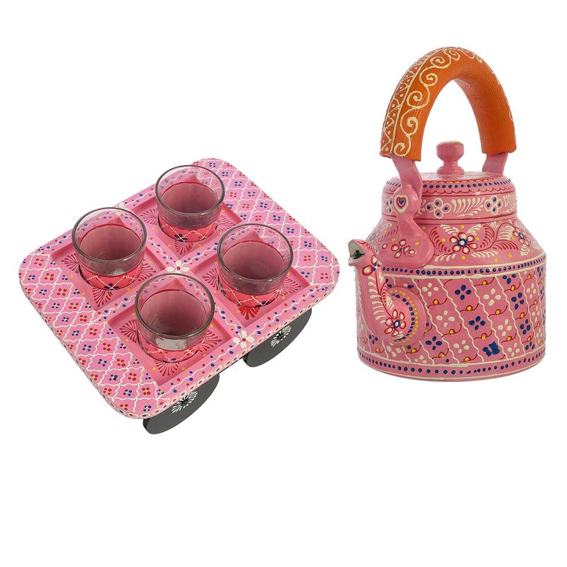 HandPainted Alluminium Pink Tea Kettle with Four Glasses and Wooden Tray For Home Décor , Tea Party , Serving