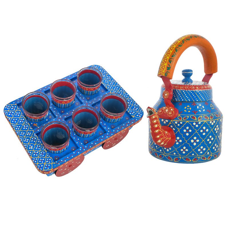 HandPainted Alluminium Tea Kettle with 6 Glasses and Wooden Tray For Home Décor , Tea Party , Serving - Image 2