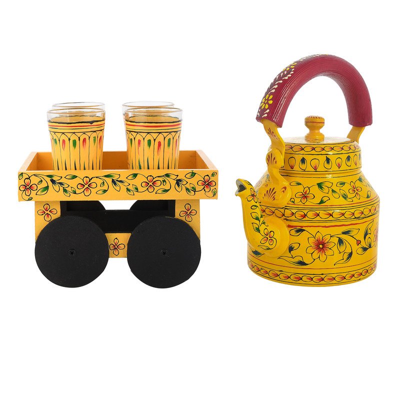 HandPainted Alluminium Tea Kettle with Four Glasses and Wooden Tray For Home Décor , Tea Party , Serving - Image 6