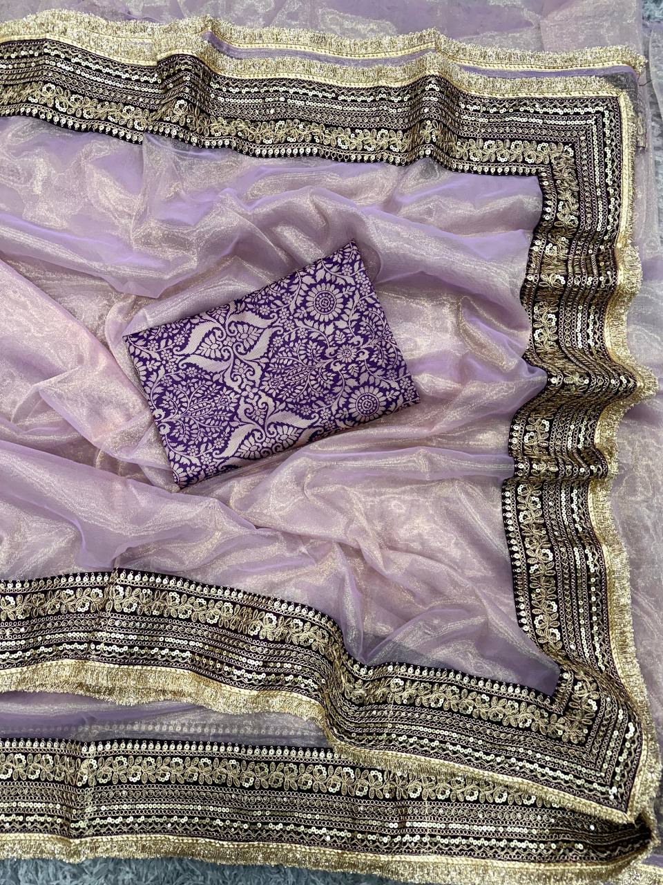 Women's Luxurious Mauve & Purple Art Silk Saree with Intricate Golden Zari & Broad Embroidered Border – Complete with Brocade Blouse for Festive & Wedding Wear - Image 3
