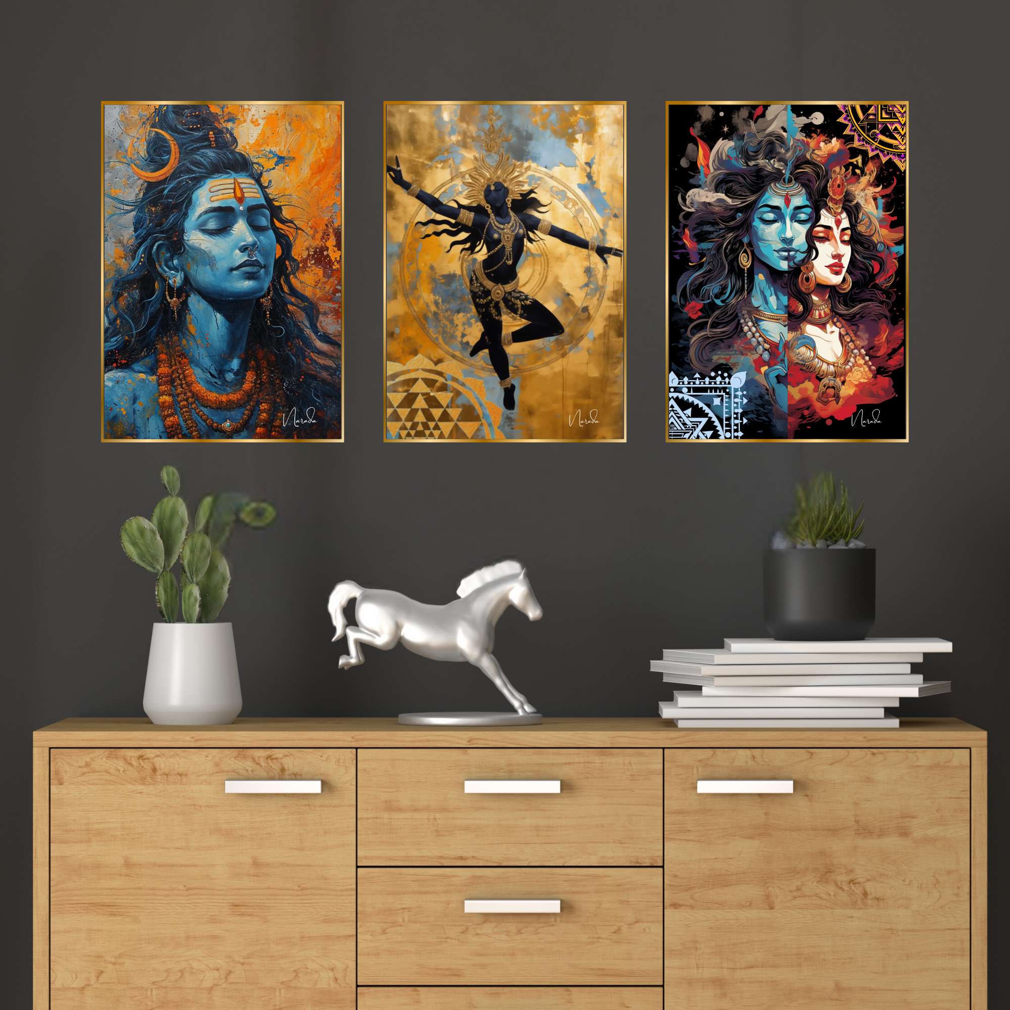 Set of Three Wall Paintings for Wall Dacoration Golden Framed Wall Paintings for Living Room & Bedroom Wall Art for Home Decoration & Office Wall Décor (24x18 inch CH-GD3-2)